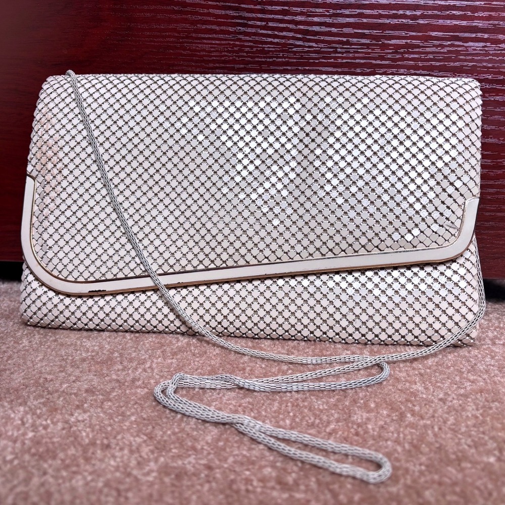 Vintage Cream Metal Mesh Clutch Evening Bag with Gold Tone Trim and Chain Strap
